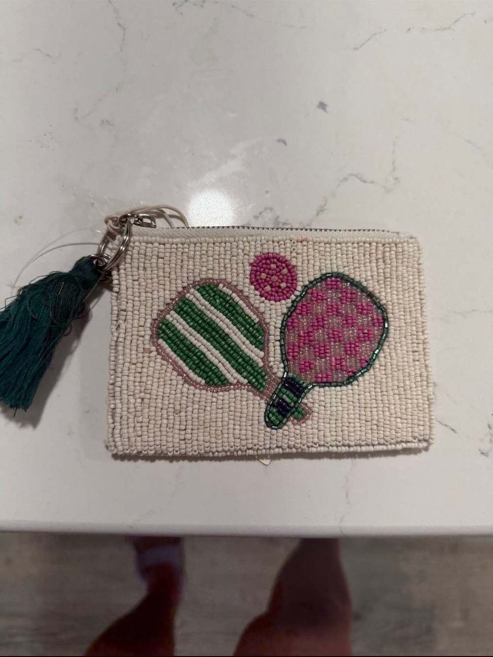 Beaded Tennis Paddle Coin Purse - Pink & Green